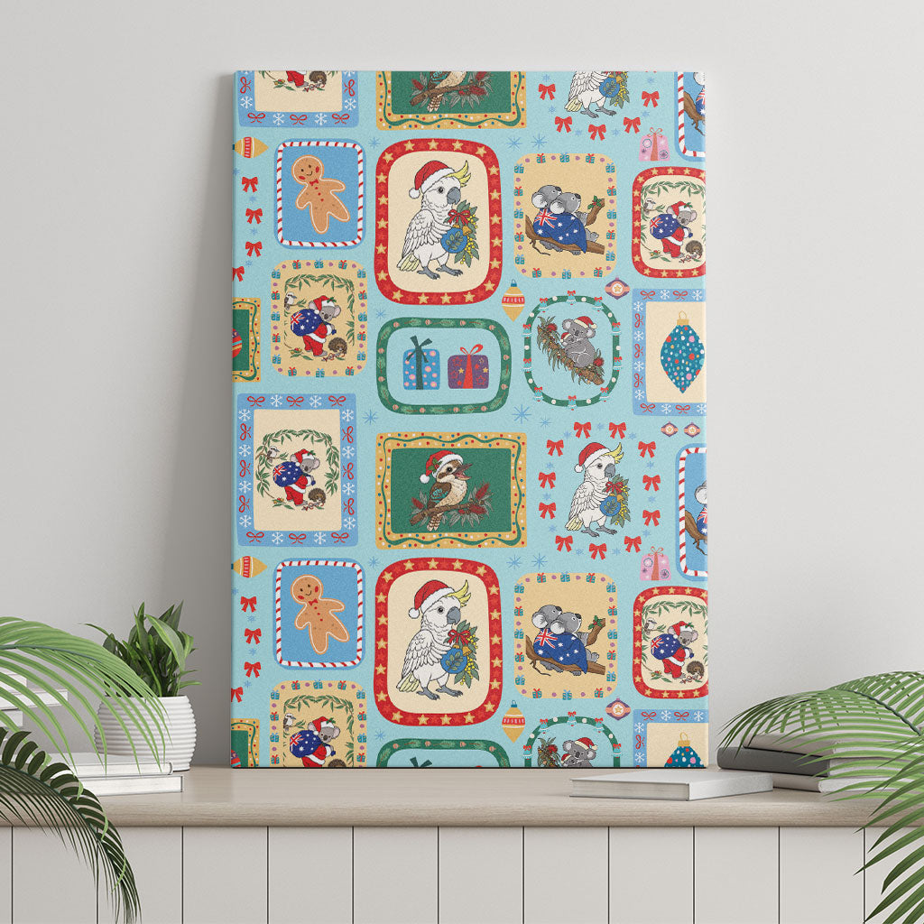 Australia Wildlife Christmas Stamp Canvas Wall Art Blue Aussie Native Animal Seamless Pattern