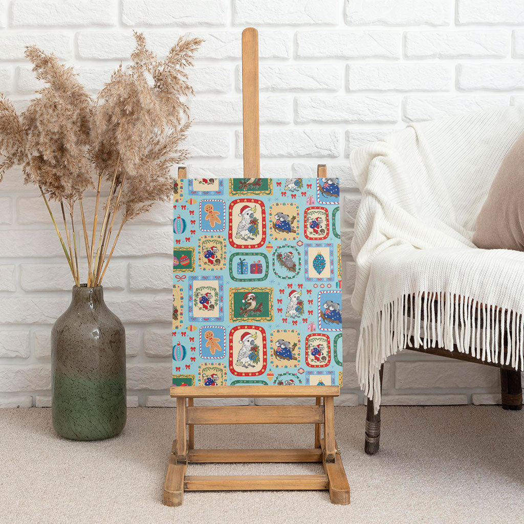 Australia Wildlife Christmas Stamp Canvas Wall Art Blue Aussie Native Animal Seamless Pattern