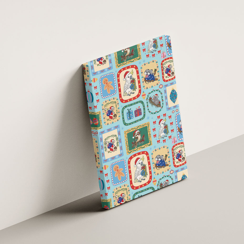 Australia Wildlife Christmas Stamp Canvas Wall Art Blue Aussie Native Animal Seamless Pattern