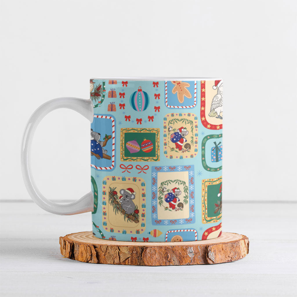 Australia Wildlife Christmas Stamp Ceramic Mug Blue Aussie Native Animal Seamless Pattern