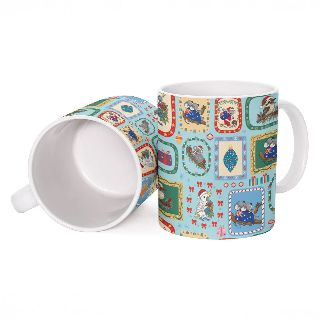Australia Wildlife Christmas Stamp Ceramic Mug Blue Aussie Native Animal Seamless Pattern