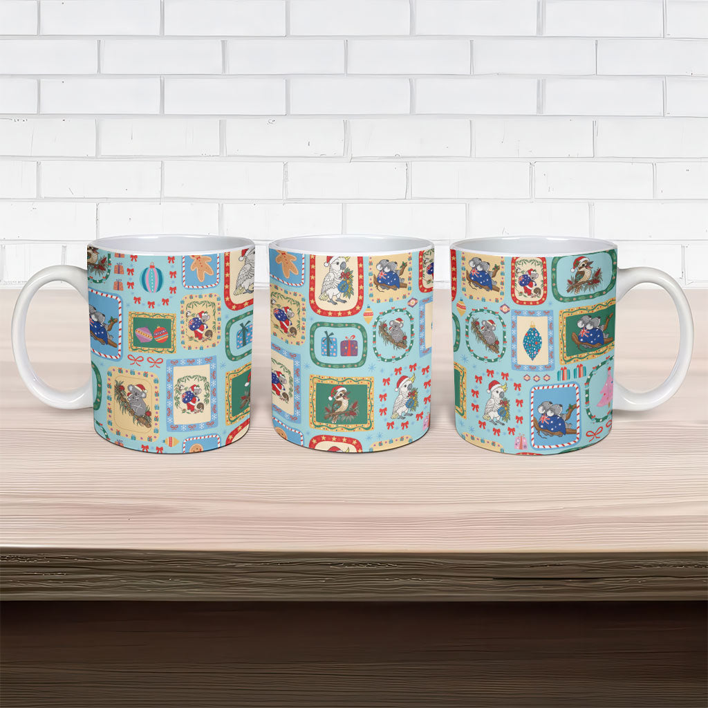 Australia Wildlife Christmas Stamp Ceramic Mug Blue Aussie Native Animal Seamless Pattern