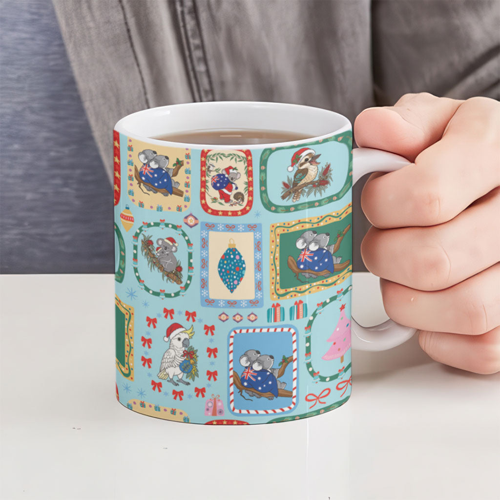 Australia Wildlife Christmas Stamp Ceramic Mug Blue Aussie Native Animal Seamless Pattern