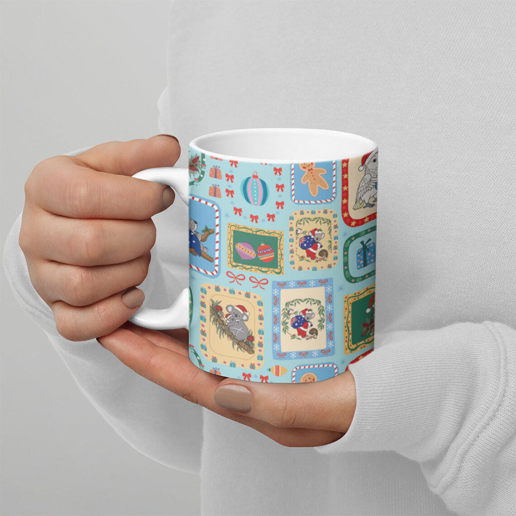 Australia Wildlife Christmas Stamp Ceramic Mug Blue Aussie Native Animal Seamless Pattern