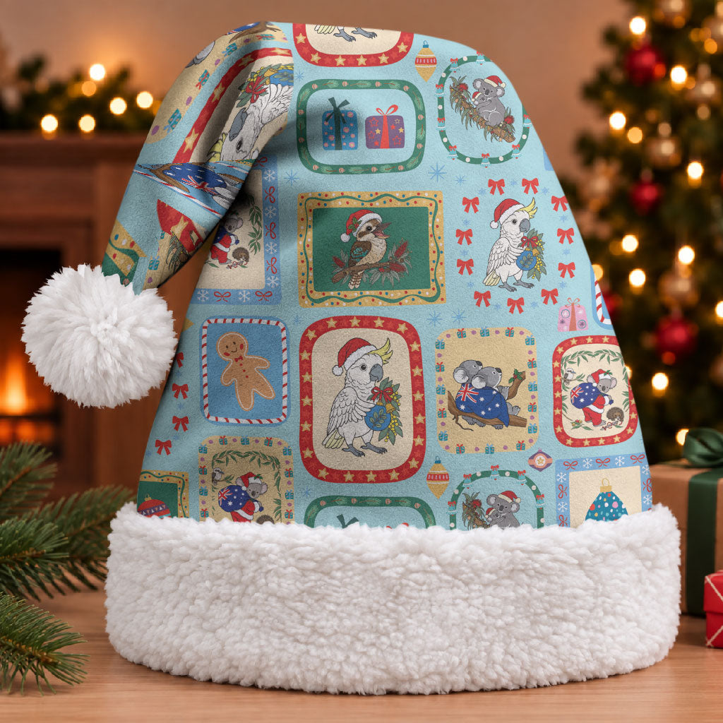 Australia Wildlife Christmas Stamps Christmas Santa Hat Blue Aussie Native Animal Seamless Pattern