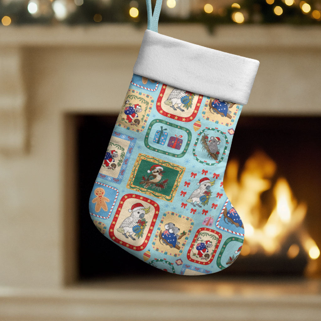 Australia Wildlife Christmas Stamps Christmas Stocking Blue Aussie Native Animal Seamless Pattern