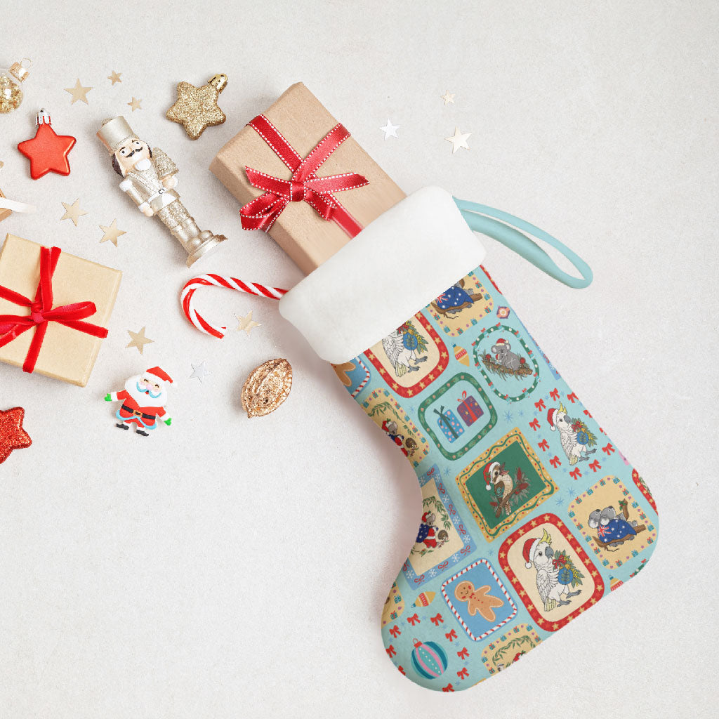 Australia Wildlife Christmas Stamps Christmas Stocking Blue Aussie Native Animal Seamless Pattern