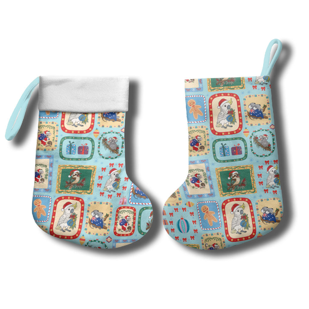 Australia Wildlife Christmas Stamps Christmas Stocking Blue Aussie Native Animal Seamless Pattern