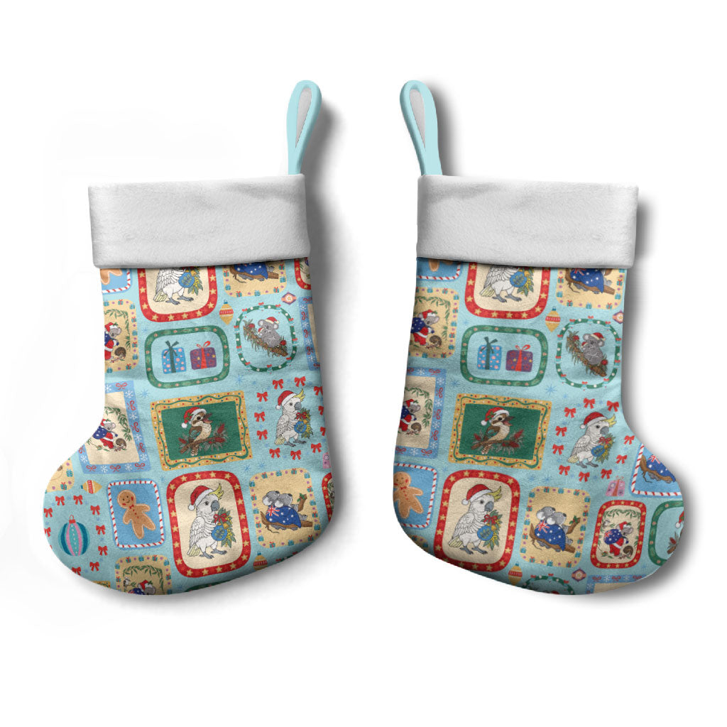 Australia Wildlife Christmas Stamps Christmas Stocking Blue Aussie Native Animal Seamless Pattern