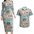Australia Wildlife Christmas Stamp Couples Matching Long Sleeve Bodycon Dress and Hawaiian Shirt Blue Aussie Native Animal Seamless Pattern