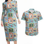 Australia Wildlife Christmas Stamp Couples Matching Long Sleeve Bodycon Dress and Hawaiian Shirt Blue Aussie Native Animal Seamless Pattern