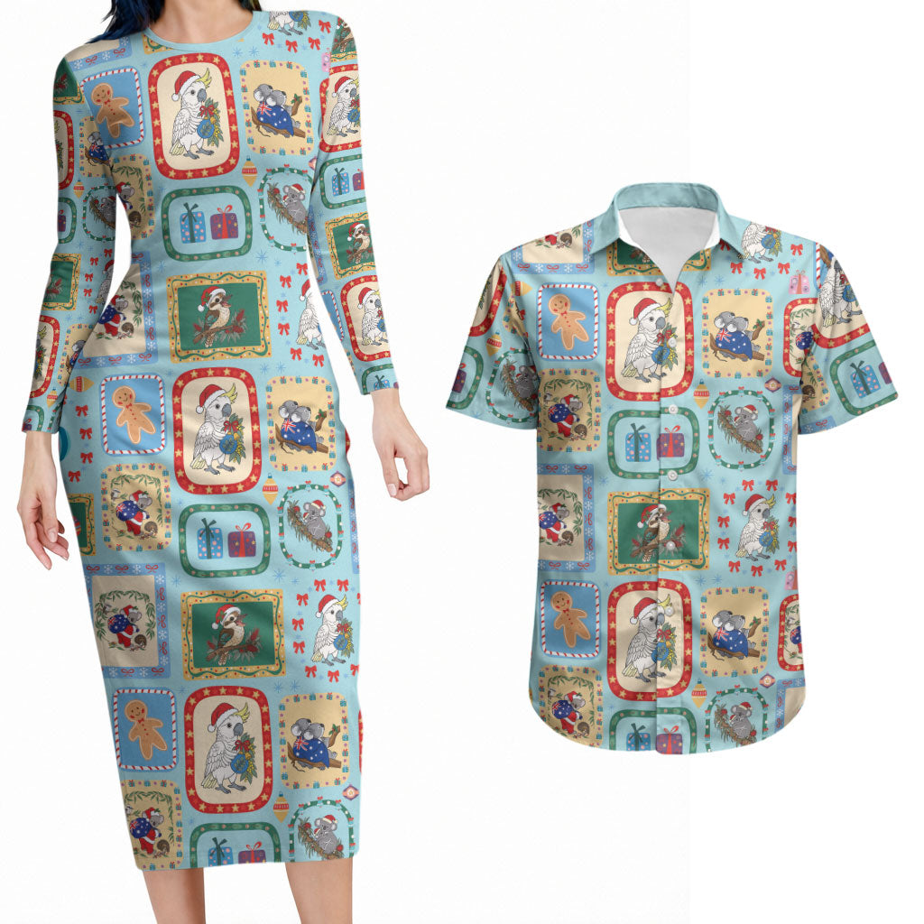 Australia Wildlife Christmas Stamp Couples Matching Long Sleeve Bodycon Dress and Hawaiian Shirt Blue Aussie Native Animal Seamless Pattern