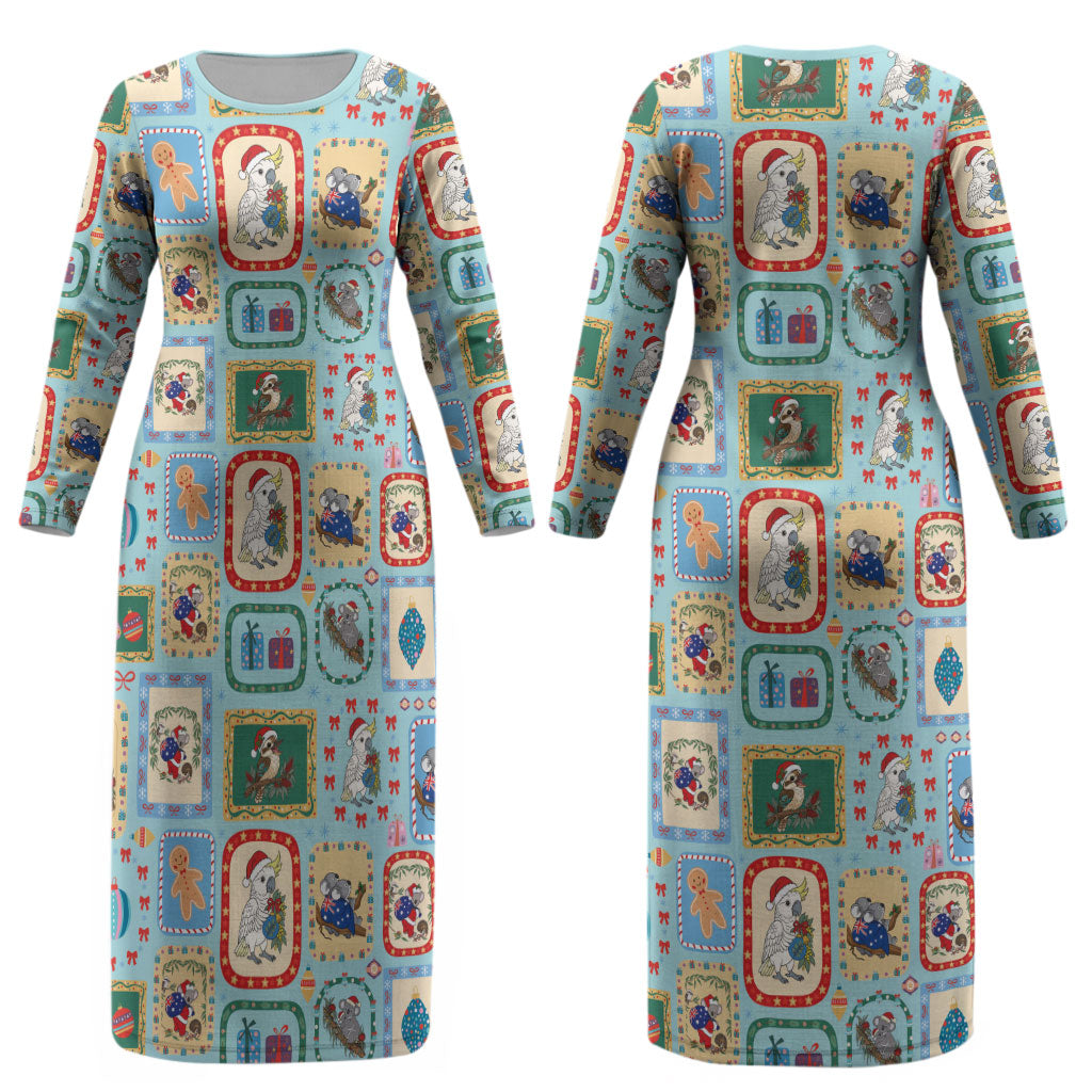 Australia Wildlife Christmas Stamp Couples Matching Long Sleeve Bodycon Dress and Hawaiian Shirt Blue Aussie Native Animal Seamless Pattern