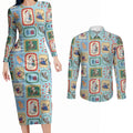 Australia Wildlife Christmas Stamp Couples Matching Long Sleeve Bodycon Dress and Long Sleeve Button Shirt Blue Aussie Native Animal Seamless Pattern