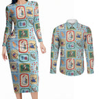 Australia Wildlife Christmas Stamp Couples Matching Long Sleeve Bodycon Dress and Long Sleeve Button Shirt Blue Aussie Native Animal Seamless Pattern