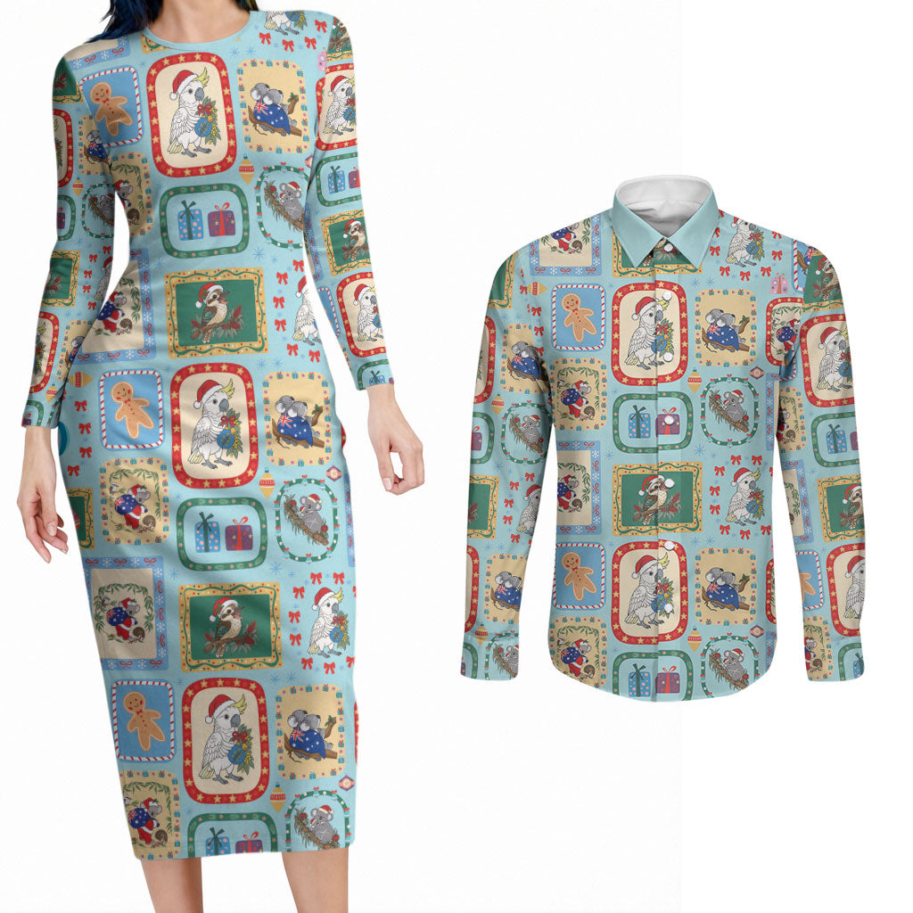 Australia Wildlife Christmas Stamp Couples Matching Long Sleeve Bodycon Dress and Long Sleeve Button Shirt Blue Aussie Native Animal Seamless Pattern