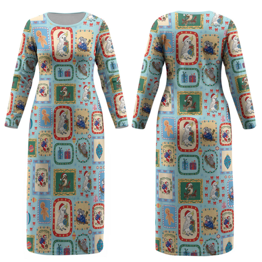 Australia Wildlife Christmas Stamp Couples Matching Long Sleeve Bodycon Dress and Long Sleeve Button Shirt Blue Aussie Native Animal Seamless Pattern