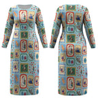 Australia Wildlife Christmas Stamp Couples Matching Long Sleeve Bodycon Dress and Long Sleeve Button Shirt Blue Aussie Native Animal Seamless Pattern