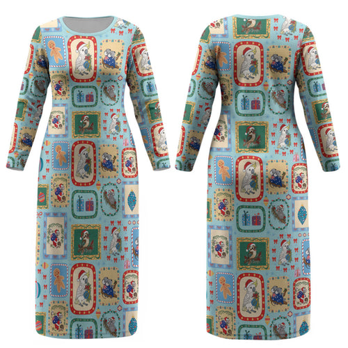 Australia Wildlife Christmas Stamp Couples Matching Long Sleeve Bodycon Dress and Long Sleeve Button Shirt Blue Aussie Native Animal Seamless Pattern