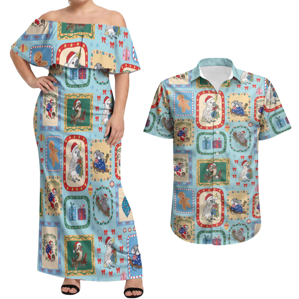 Australia Wildlife Christmas Stamp Couples Matching Off Shoulder Maxi Dress and Hawaiian Shirt Blue Aussie Native Animal Seamless Pattern