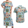 Australia Wildlife Christmas Stamp Couples Matching Off Shoulder Maxi Dress and Hawaiian Shirt Blue Aussie Native Animal Seamless Pattern