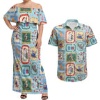 Australia Wildlife Christmas Stamp Couples Matching Off Shoulder Maxi Dress and Hawaiian Shirt Blue Aussie Native Animal Seamless Pattern