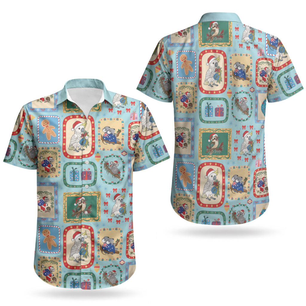 Australia Wildlife Christmas Stamp Couples Matching Off Shoulder Maxi Dress and Hawaiian Shirt Blue Aussie Native Animal Seamless Pattern