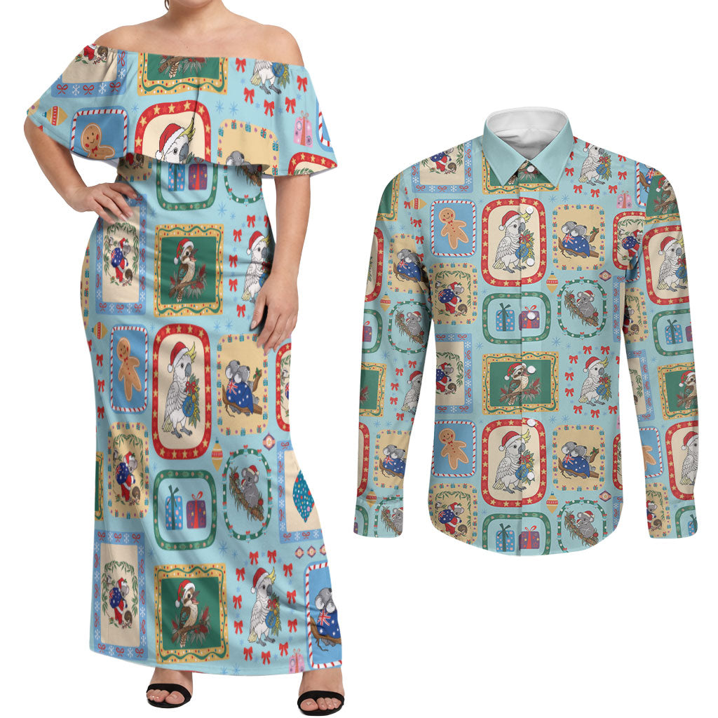 Australia Wildlife Christmas Stamp Couples Matching Off Shoulder Maxi Dress and Long Sleeve Button Shirt Blue Aussie Native Animal Seamless Pattern