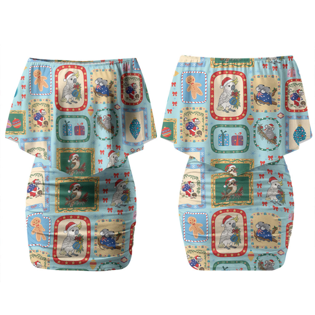 Australia Wildlife Christmas Stamp Couples Matching Off Shoulder Short Dress and Hawaiian Shirt Blue Aussie Native Animal Seamless Pattern