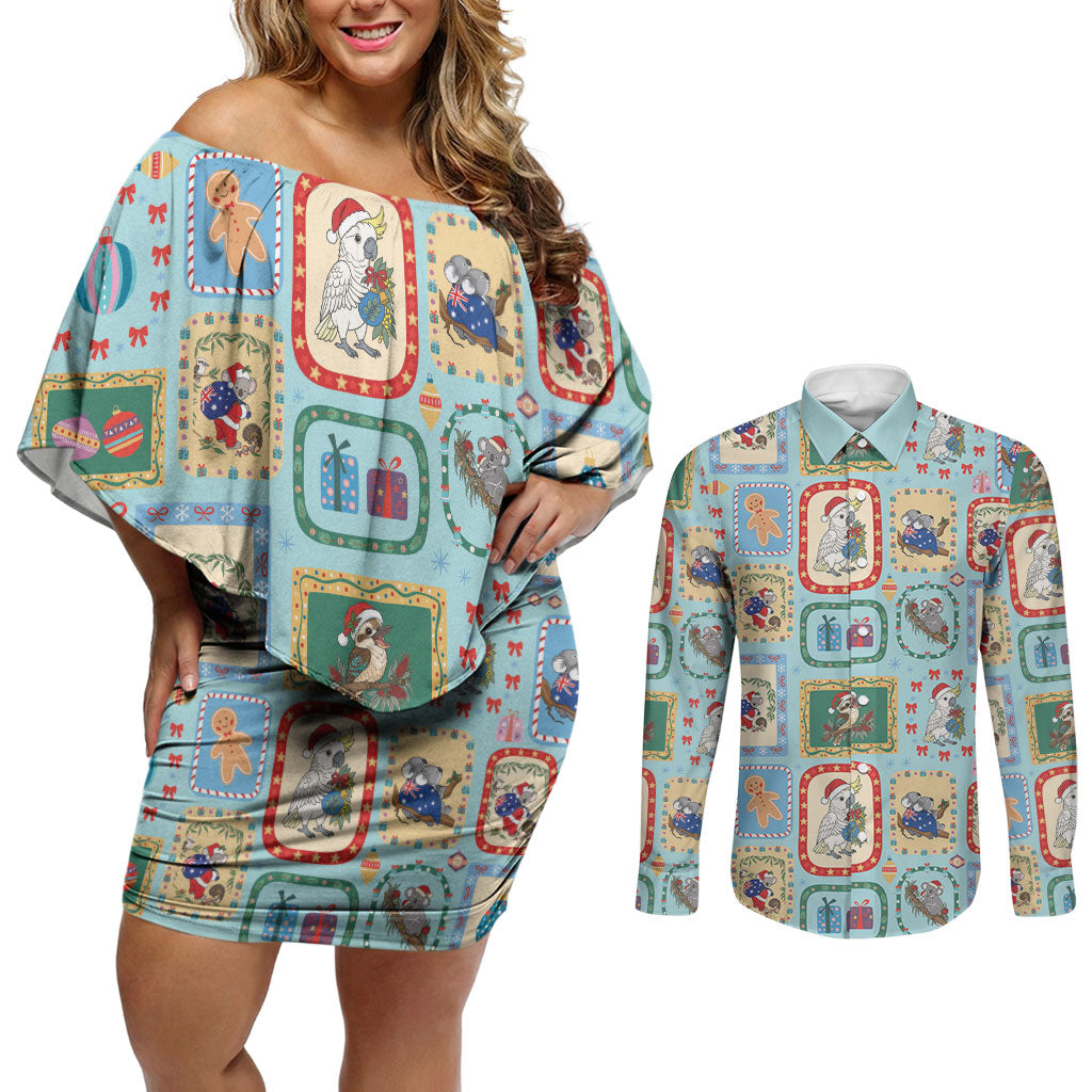Australia Wildlife Christmas Stamp Couples Matching Off Shoulder Short Dress and Long Sleeve Button Shirt Blue Aussie Native Animal Seamless Pattern