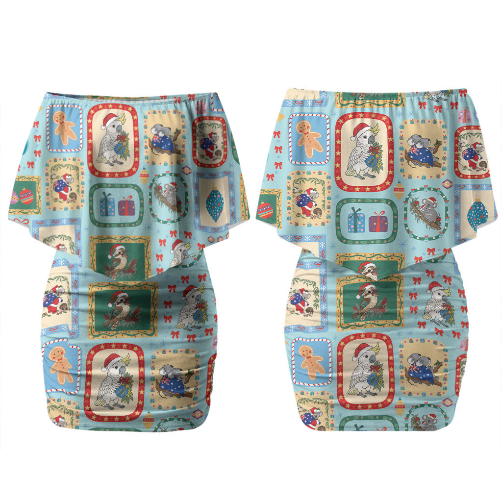 Australia Wildlife Christmas Stamp Couples Matching Off Shoulder Short Dress and Long Sleeve Button Shirt Blue Aussie Native Animal Seamless Pattern