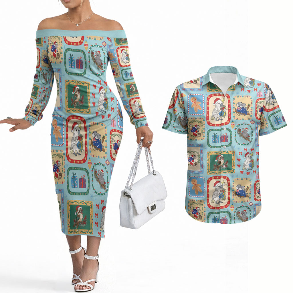 Australia Wildlife Christmas Stamp Couples Matching Off The Shoulder Long Sleeve Dress and Hawaiian Shirt Blue Aussie Native Animal Seamless Pattern