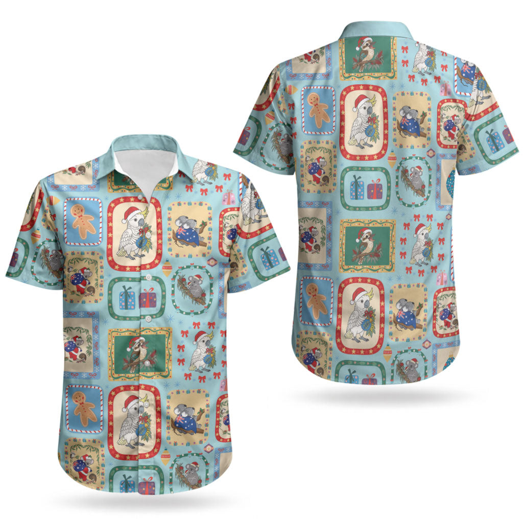 Australia Wildlife Christmas Stamp Couples Matching Off The Shoulder Long Sleeve Dress and Hawaiian Shirt Blue Aussie Native Animal Seamless Pattern