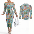 Australia Wildlife Christmas Stamp Couples Matching Off The Shoulder Long Sleeve Dress and Long Sleeve Button Shirt Blue Aussie Native Animal Seamless Pattern