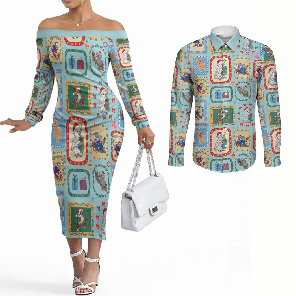 Australia Wildlife Christmas Stamp Couples Matching Off The Shoulder Long Sleeve Dress and Long Sleeve Button Shirt Blue Aussie Native Animal Seamless Pattern