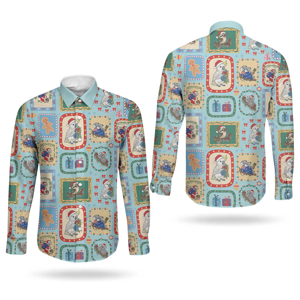 Australia Wildlife Christmas Stamp Couples Matching Off The Shoulder Long Sleeve Dress and Long Sleeve Button Shirt Blue Aussie Native Animal Seamless Pattern