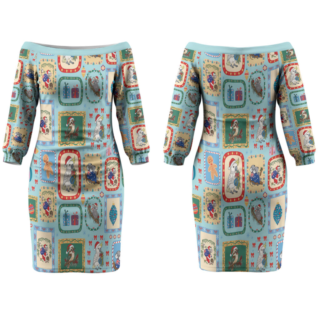 Australia Wildlife Christmas Stamp Couples Matching Off The Shoulder Long Sleeve Dress and Long Sleeve Button Shirt Blue Aussie Native Animal Seamless Pattern