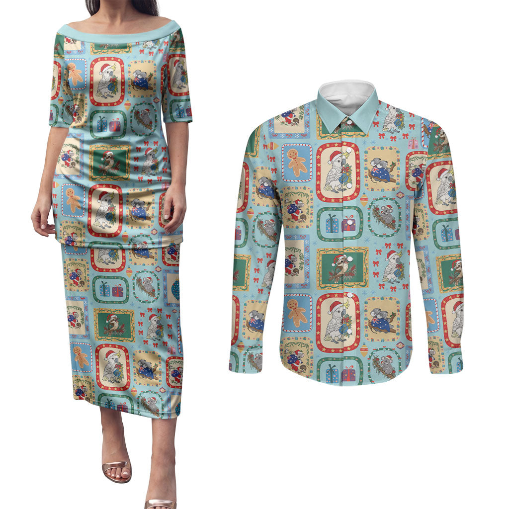 Australia Wildlife Christmas Stamp Couples Matching Puletasi and Long Sleeve Button Shirt Blue Aussie Native Animal Seamless Pattern