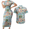 Australia Wildlife Christmas Stamp Couples Matching Short Sleeve Bodycon Dress and Hawaiian Shirt Blue Aussie Native Animal Seamless Pattern