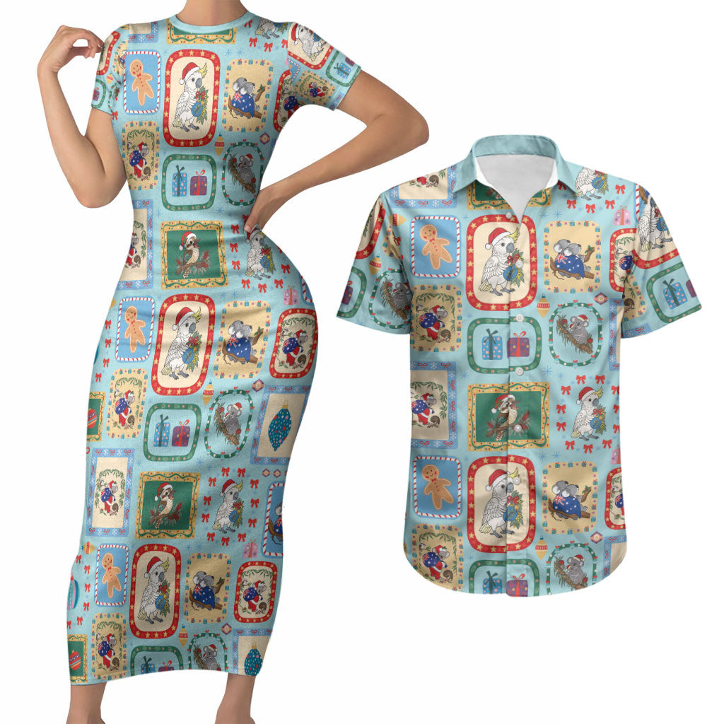Australia Wildlife Christmas Stamp Couples Matching Short Sleeve Bodycon Dress and Hawaiian Shirt Blue Aussie Native Animal Seamless Pattern