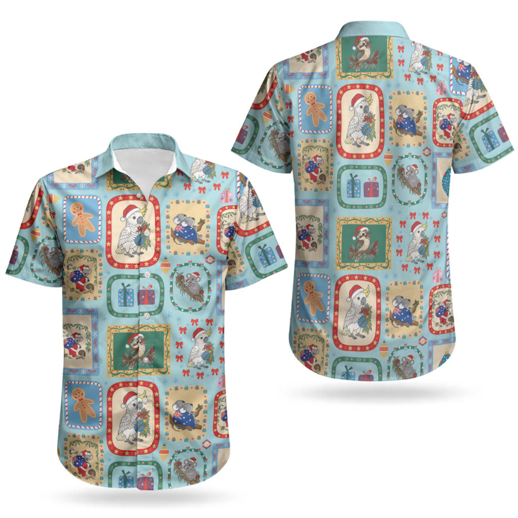 Australia Wildlife Christmas Stamp Couples Matching Short Sleeve Bodycon Dress and Hawaiian Shirt Blue Aussie Native Animal Seamless Pattern