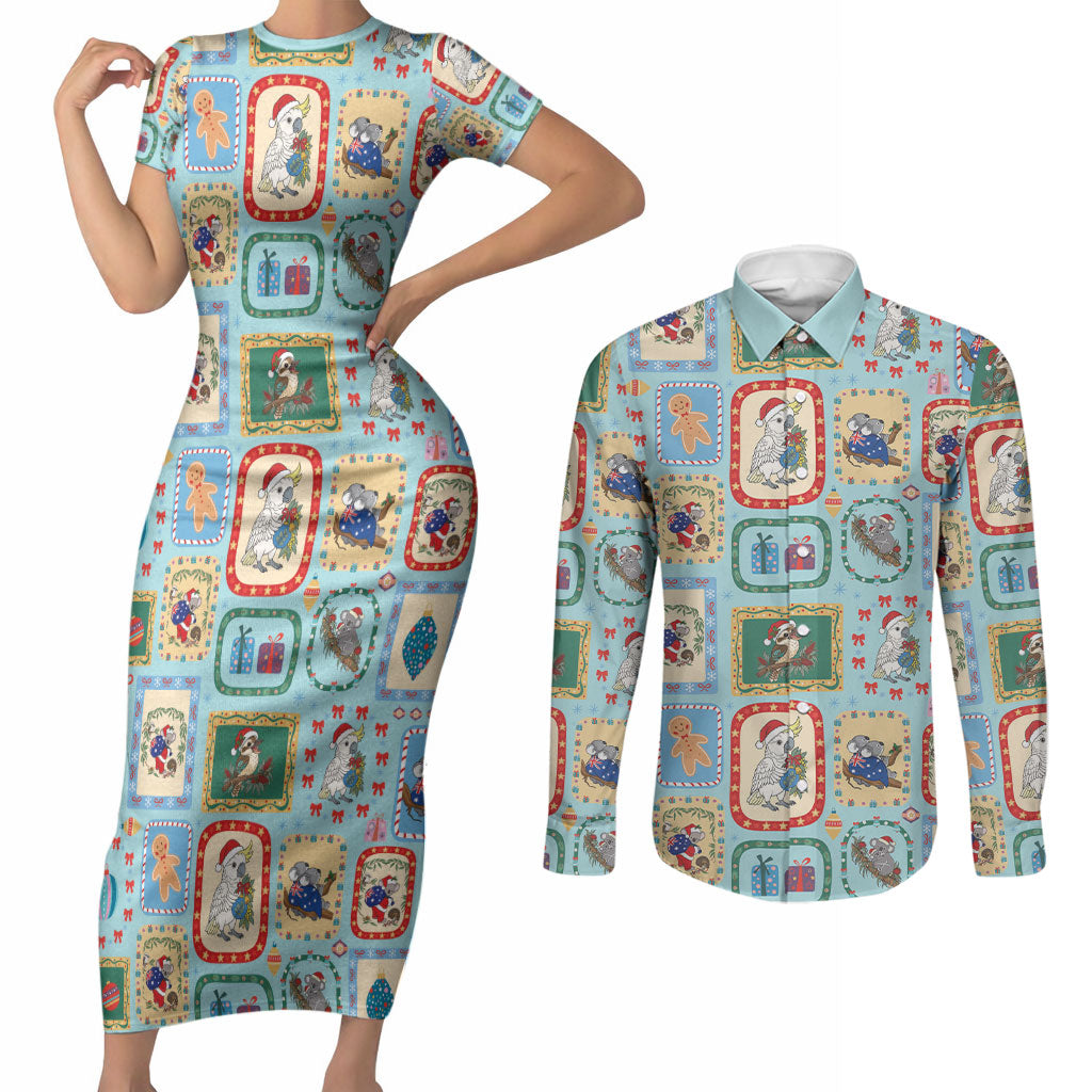 Australia Wildlife Christmas Stamp Couples Matching Short Sleeve Bodycon Dress and Long Sleeve Button Shirt Blue Aussie Native Animal Seamless Pattern