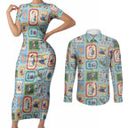 Australia Wildlife Christmas Stamp Couples Matching Short Sleeve Bodycon Dress and Long Sleeve Button Shirt Blue Aussie Native Animal Seamless Pattern