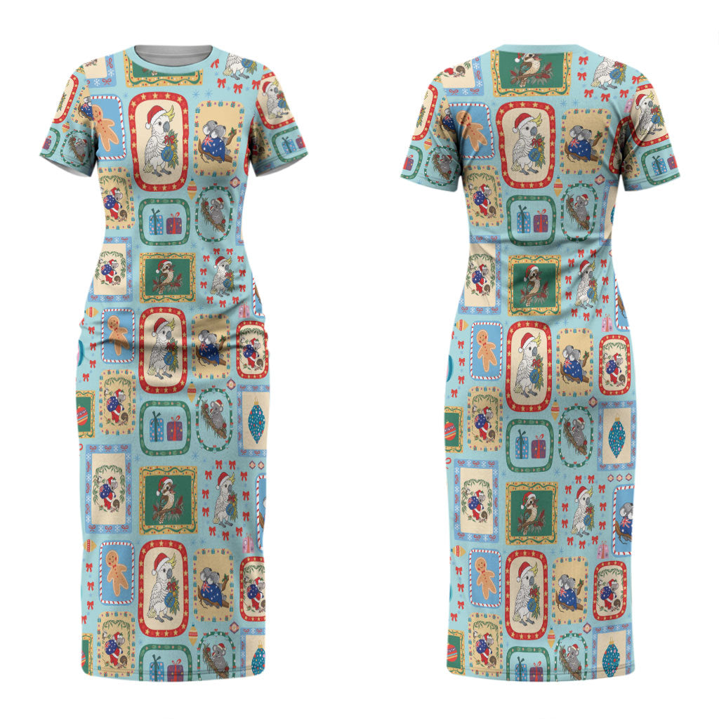 Australia Wildlife Christmas Stamp Couples Matching Short Sleeve Bodycon Dress and Long Sleeve Button Shirt Blue Aussie Native Animal Seamless Pattern