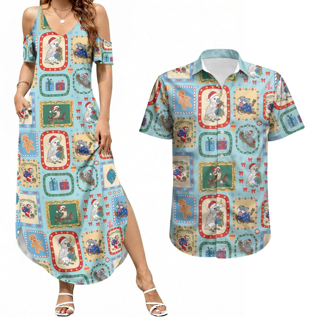 Australia Wildlife Christmas Stamp Couples Matching Summer Maxi Dress and Hawaiian Shirt Blue Aussie Native Animal Seamless Pattern