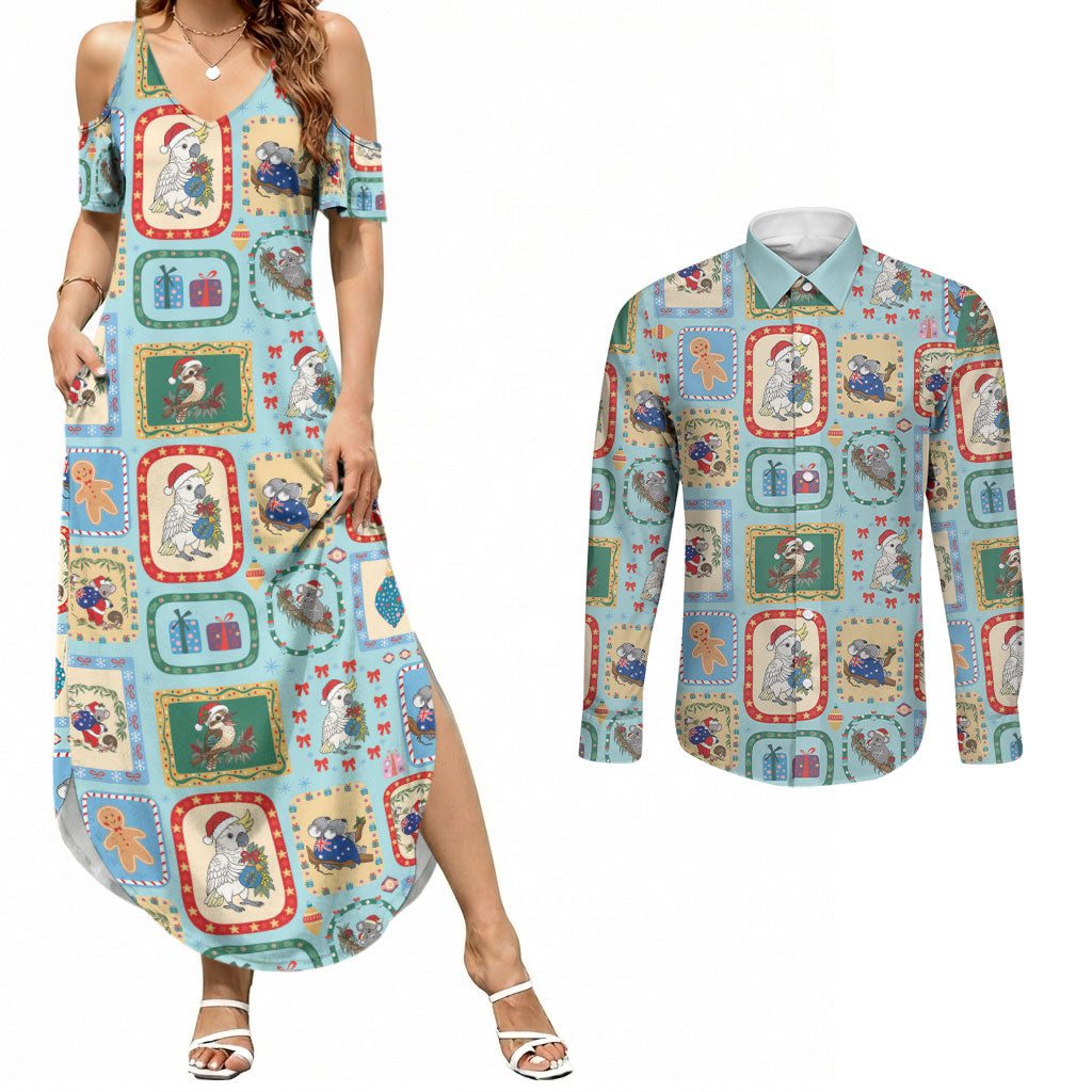 Australia Wildlife Christmas Stamp Couples Matching Summer Maxi Dress and Long Sleeve Button Shirt Blue Aussie Native Animal Seamless Pattern