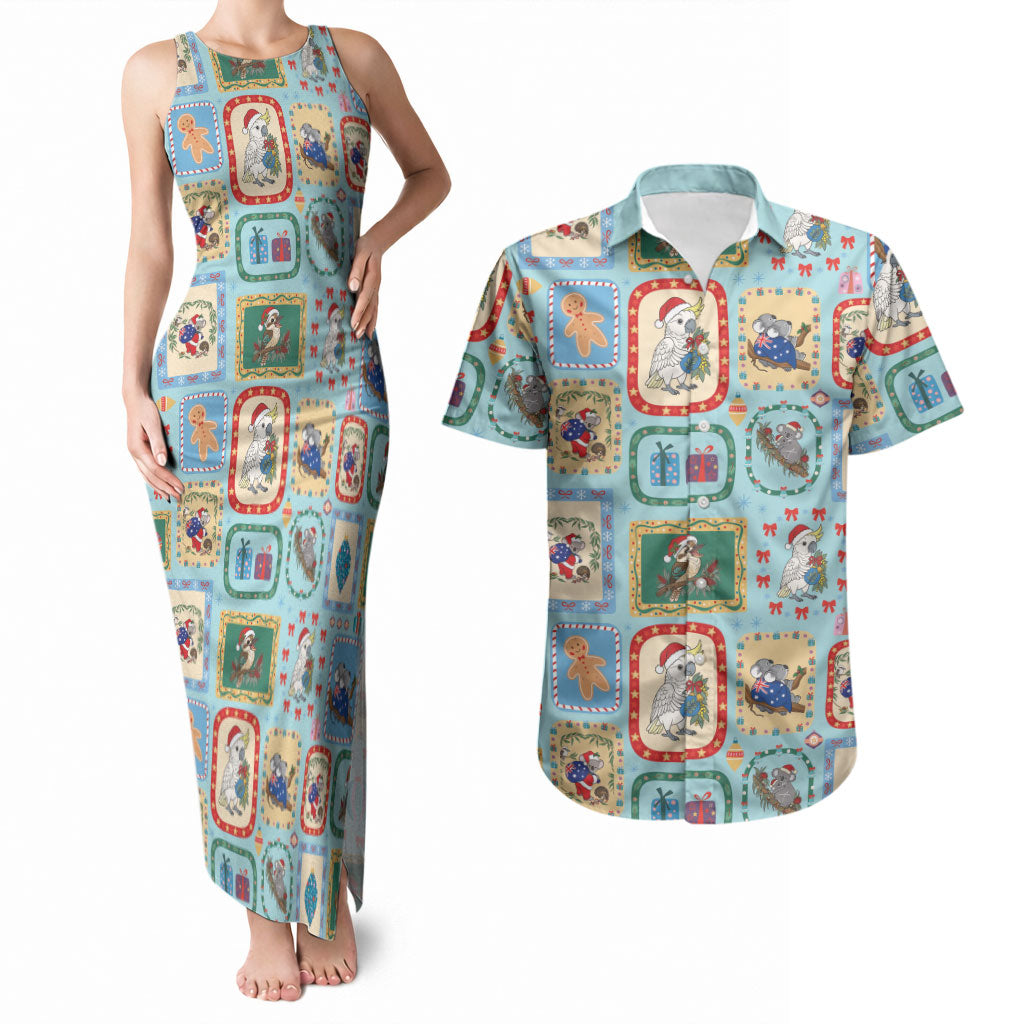 Australia Wildlife Christmas Stamp Couples Matching Tank Maxi Dress and Hawaiian Shirt Blue Aussie Native Animal Seamless Pattern