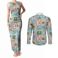Australia Wildlife Christmas Stamp Couples Matching Tank Maxi Dress and Long Sleeve Button Shirt Blue Aussie Native Animal Seamless Pattern
