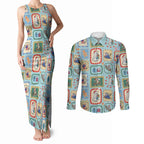 Australia Wildlife Christmas Stamp Couples Matching Tank Maxi Dress and Long Sleeve Button Shirt Blue Aussie Native Animal Seamless Pattern