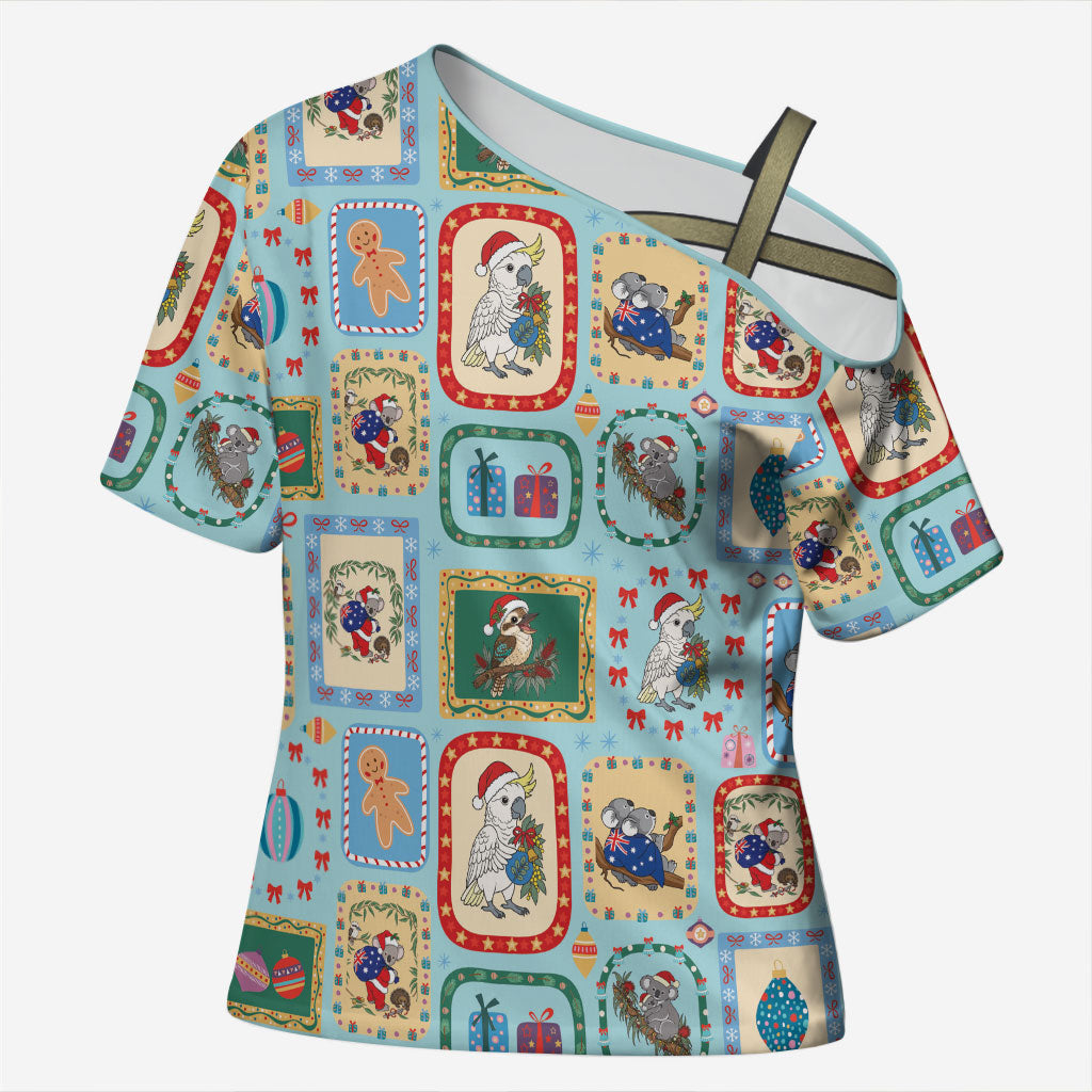 Australia Wildlife Christmas Stamp Cross Shoulder Shirt Blue Aussie Native Animal Seamless Pattern